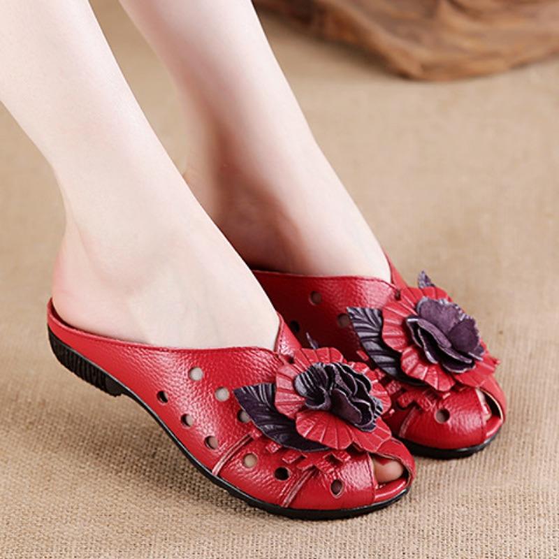 

Новые летние туфли из натуральной кожи, женские сандалии, туфли из коровьей кожи в старом пекинском стиле, цветы, черный, красный, желтый, размер плюс 41 40 красный