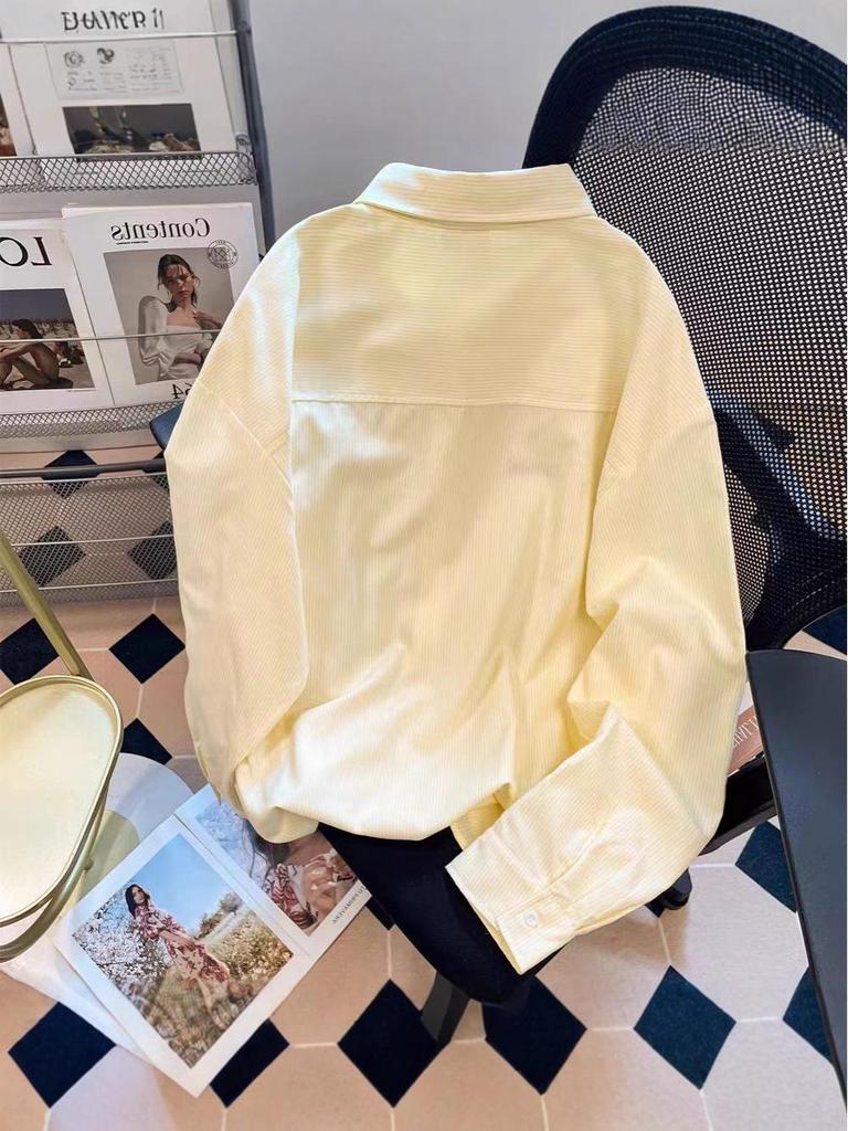 Women's Korean Sweet Style Long-Sleeve Striped Shirt with Daisy Embroidery - Autumn/Winter Loose Fit
