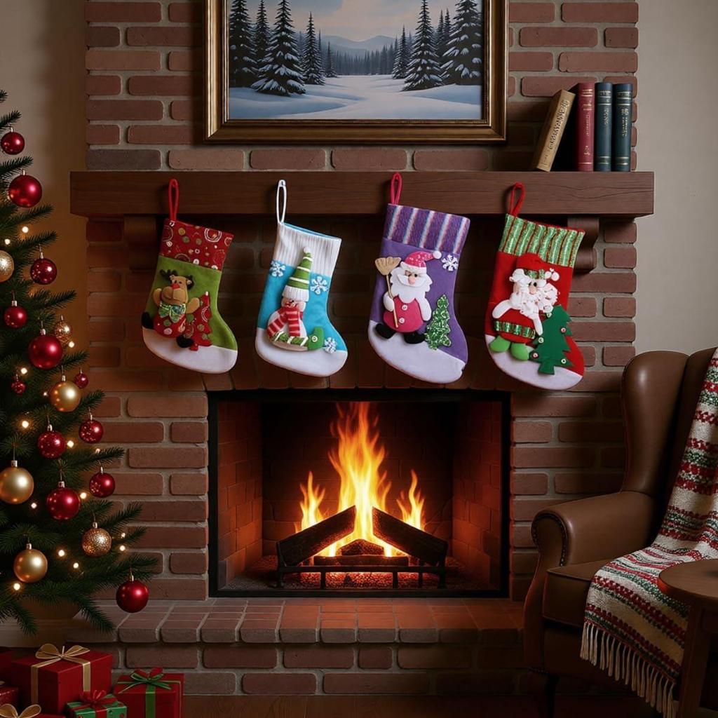 Set of 4 Christmas Decorations Stockings 2 Size Santa, Snowman, Reindeer Socks Hangings Christmas Tree Decoration Items Gifts Stocking Set