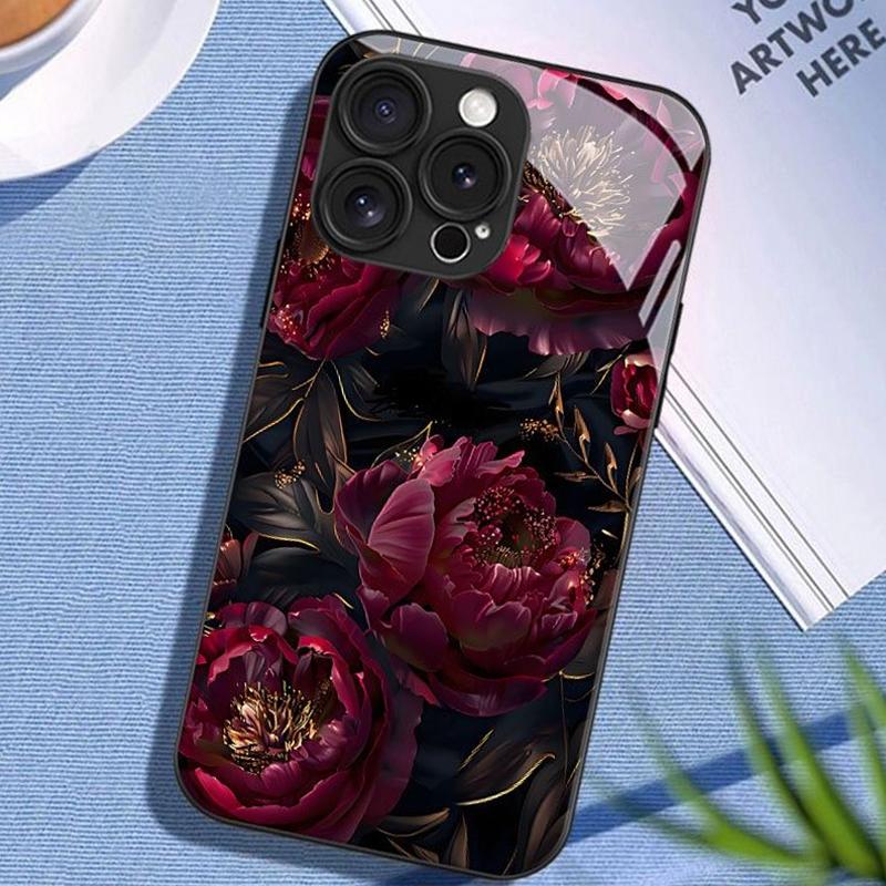 Dark Rose Flower Pattern Tempered Glass Black Phone Case For iPhone 11 12 13 14 15 16 17 Pro Max 17 Air 7 Plus XS X XR Cover