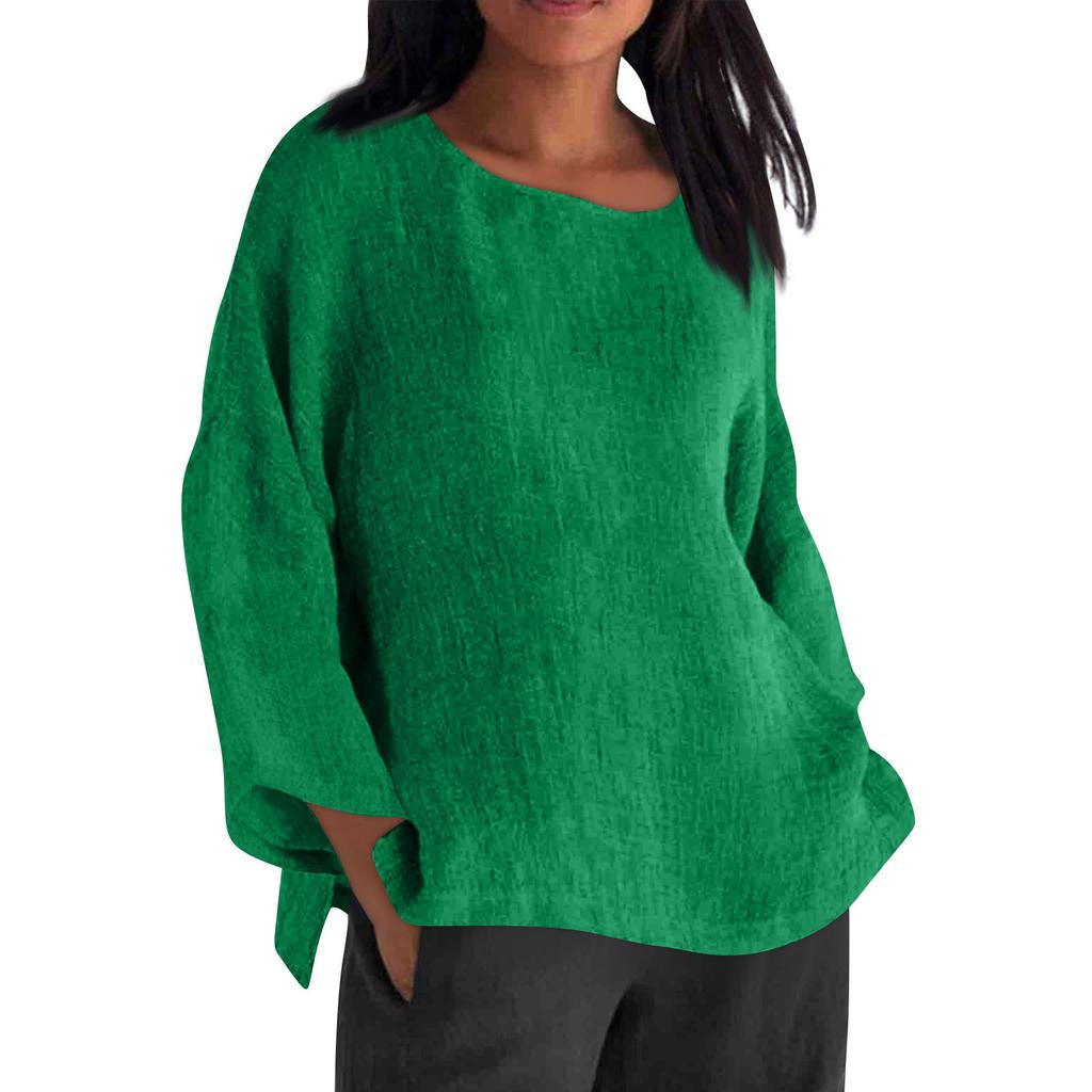 Long Sleeved Round Neck Solid Color Top Cotton and Linen Women’s Blouses & Shirts