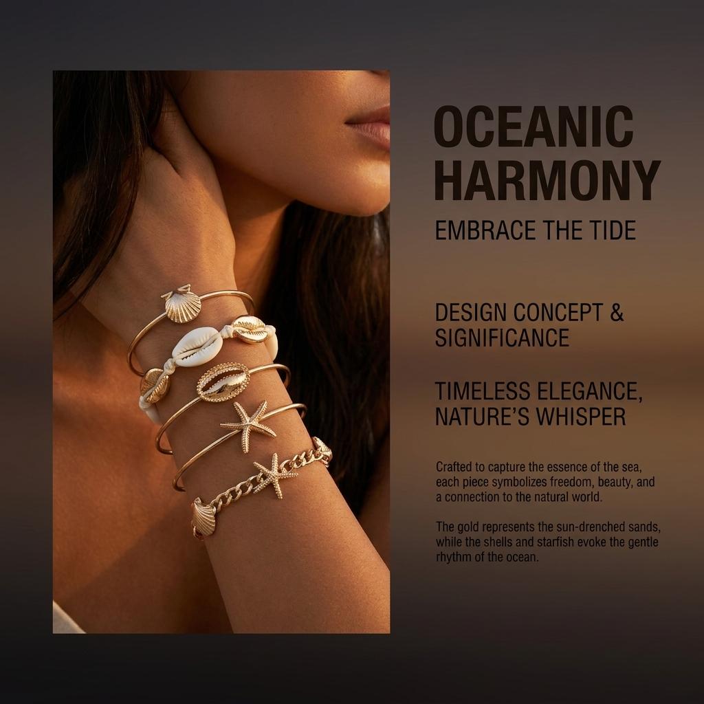 5Pcs Elegant Bracelet Set for Women Boho Mixed Cowrie Shell Gold Color Starfish Bangle Summer Beach Vacation Jewelry Gift