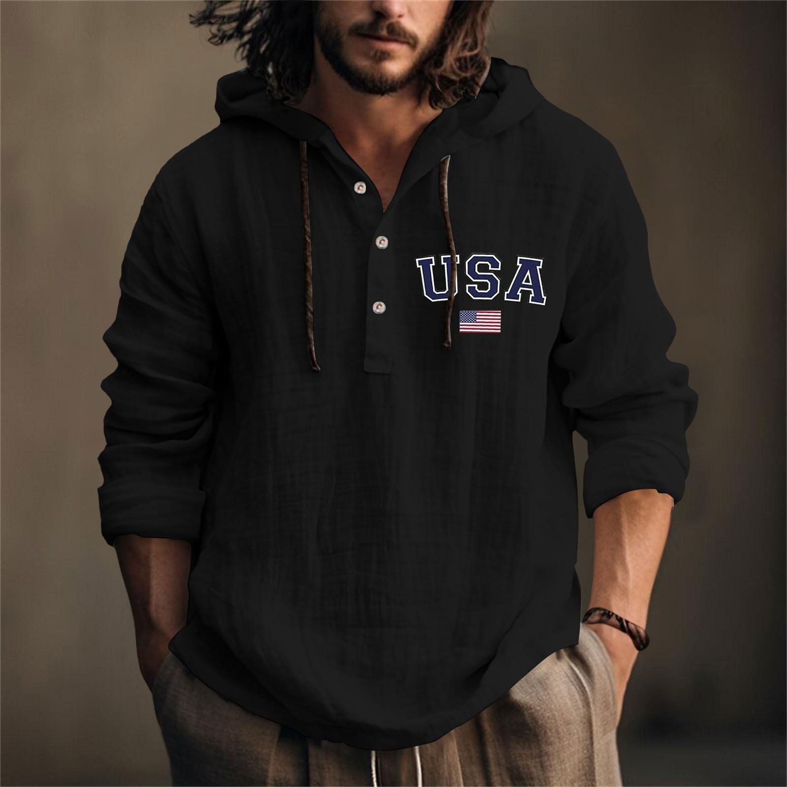 

День Незалежності Друкована Чоловіча Бавовняна та Лляна Сорочка З Капюшоном З Довгим Рукавом З Капюшоном Весна І Літо Повсякденний Одяг XL