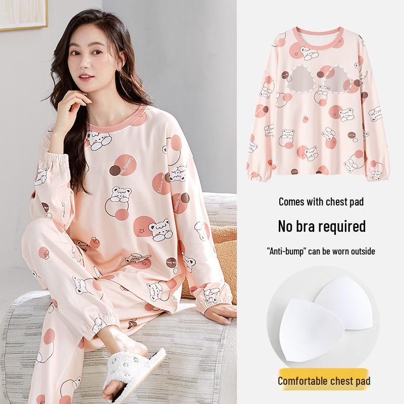 Women's 2025 Long-Sleeve Cartoon Pullover Pajamas with Chest Pad - Versatile Cotton Set for Indoor/Outdoor Wear (Autumn/Winter).