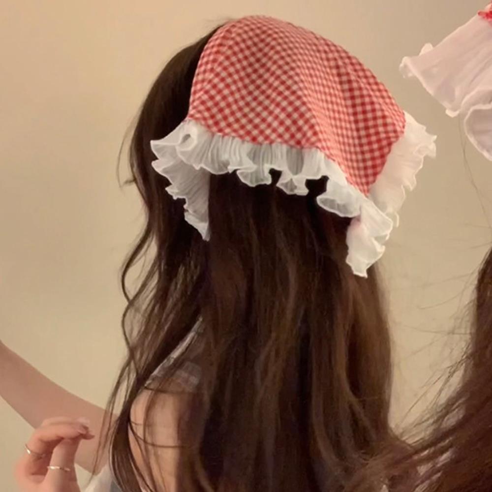 INS Lace Plaid Hair Scarf Women Korean Triangle Hair Band Travel Photo Headband Sunscreen Headscarf Girls Cotton Neckerchief