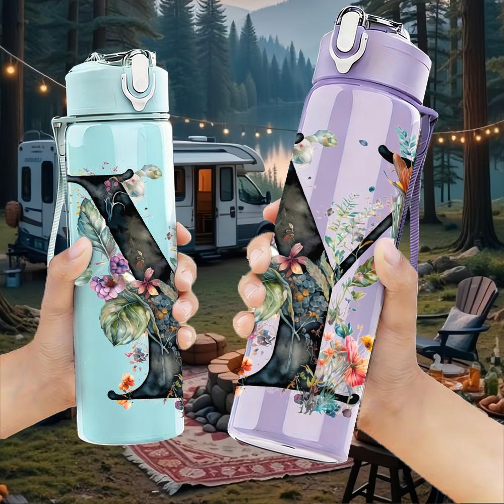 1PC Letter V Floral Monogram Art Print 750ml Color Plastic Sports Water Bottle Leakproof Flip Straw Lid Suitable for Sports Office Home Use