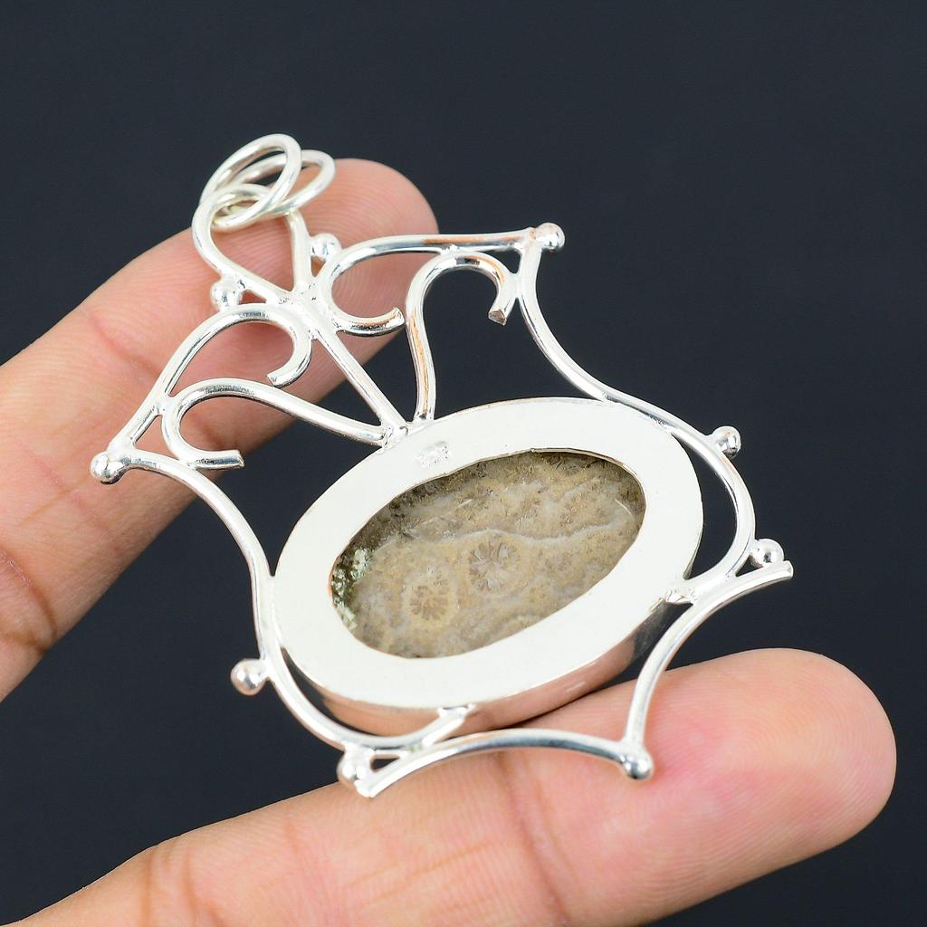 Natürlicher Fossilienkorallen Edelstein Anhänger Grau 925 Sterlingsilber Indischer Schmuck