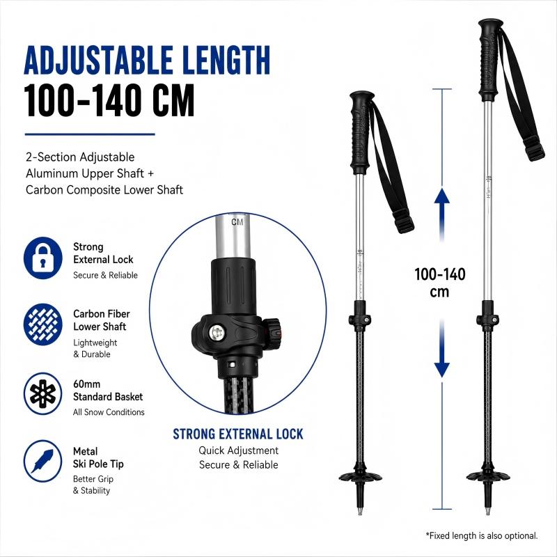 Zeroring Durable Aluminum Carbon Ski Poles Adjustable Resort Rental Snow Poles Manufacturer