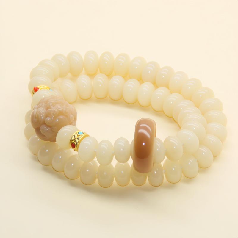 Natural White & Creamy Yellow Jade Bodhi Root Double-Strand Bracelet - New Chinese Design for Women