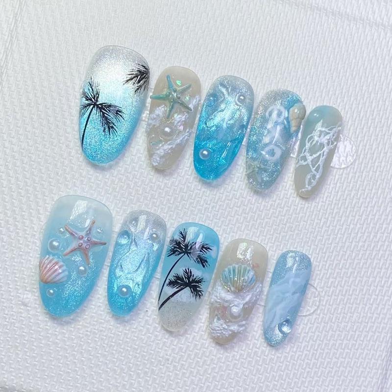 30-Piece 3D Cat Eye Beach Nail Art Set: Wave, Coconut Tree, Seashell, Starfish, Rhinestone Almond Tips