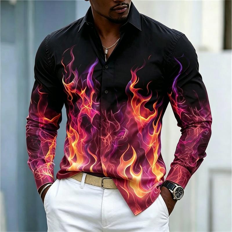 Men's shirt street style colorful flame printed long sleeved shirt with black background gradient color flame slimming shirt