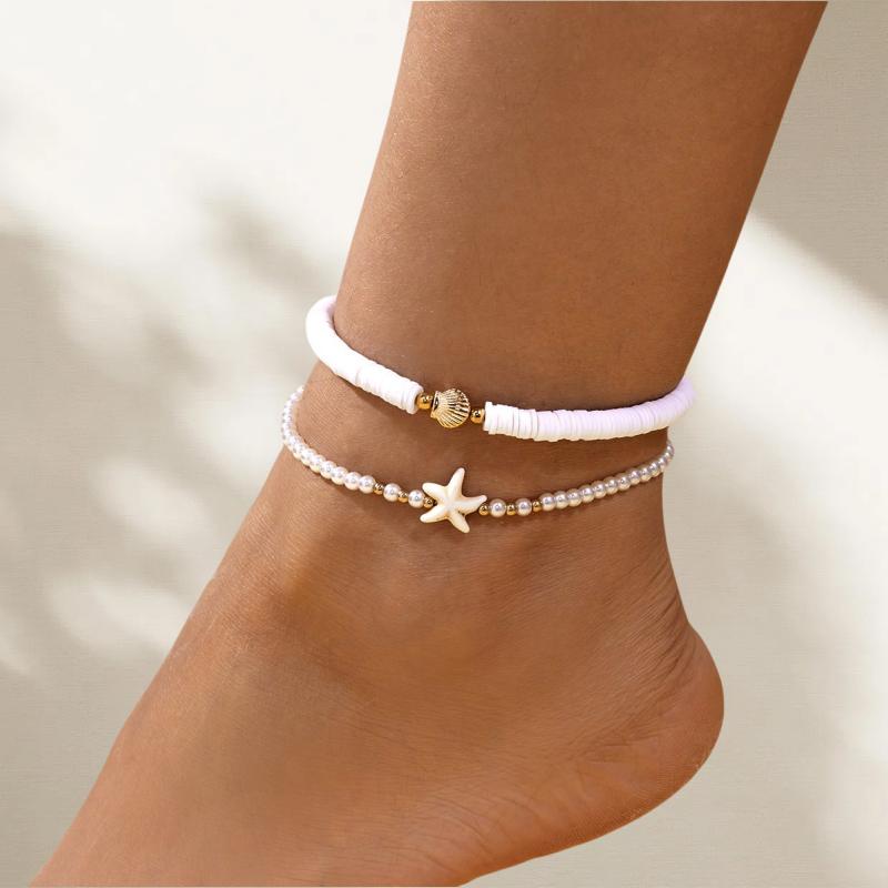 Trending Double Layer Starfish Shell Anklets for Women Boho Polymer Clay Beads Foot Chain Ankle Bracelet Summer Beach Jewelry