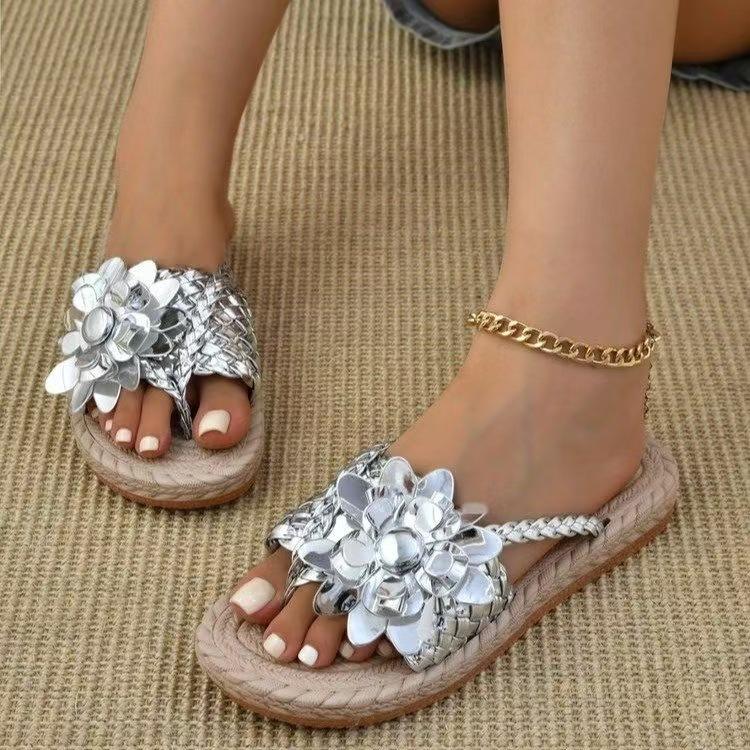 South East Asia foreign trade large size colorful flowers toe cool slippers summer new hollow woven beach women's shoes