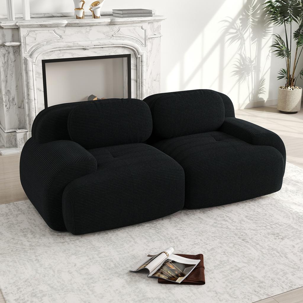Loveseat Sofa Corduroy, Frameless, Combinable with Curved Armrests and Non-Slip Underside, High-Elastic Padding for Living Room, Bedroom, Black