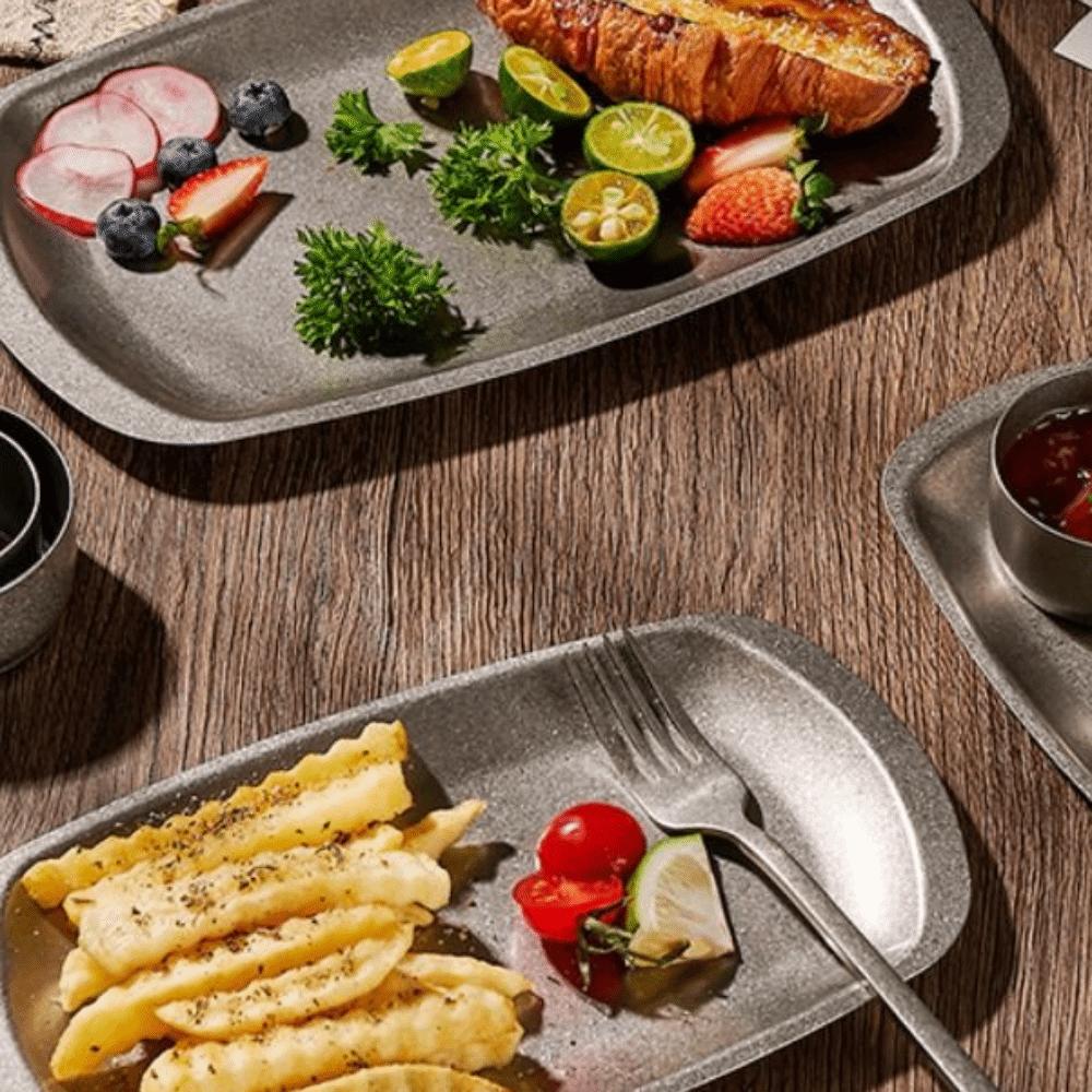 Stainless Steel Dinner Plate Retro Style Steak Plates Fruit Dish Serving Tray  For BBQ Dim Sum