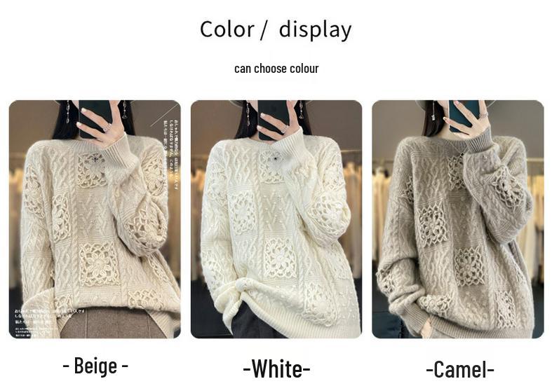 Women's 100% Pure Wool Crochet Loose Round-Neck Sweater - Heavy-Duty Trendy Base Layer