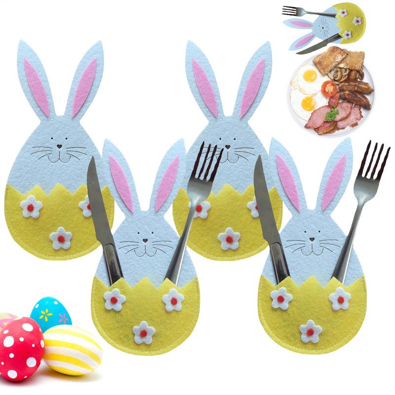 Easter Knife Fork Holder Pocket Rabbit Eggs Bunny Cutlery Bag for Easter Party Table Decor Tableware Cover Ornaments