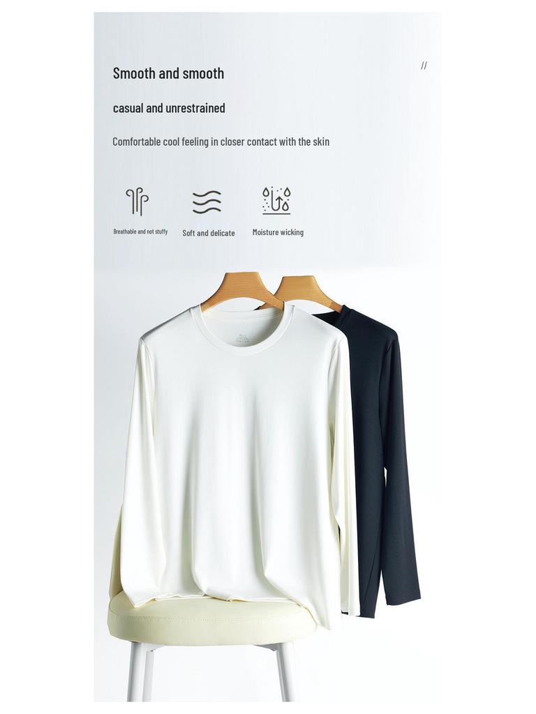 Men's Heavyweight White Cotton Long Sleeve T-Shirt - Casual Loose Fit, Round Neck for Spring & Autumn