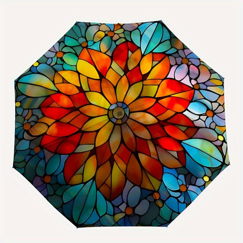 

1pc Stained Glass Mandala Automatic Open/close Umbrella, 8-Rib sturdy structure, Portable Travel Umbrella, Parties, Everyday Use, Outdoor Ac
