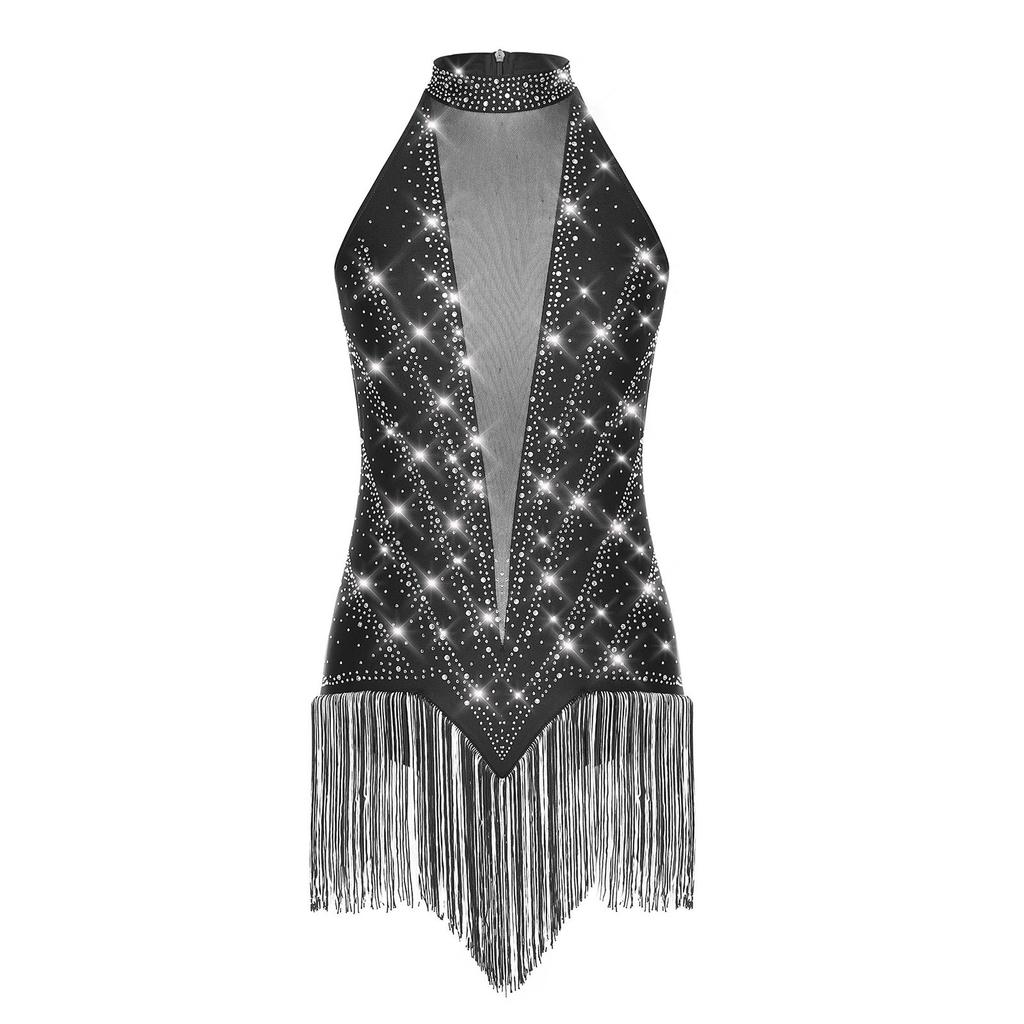 Damen Latein Tanz Trikot Ärmellos Transparentes Mesh Patchwork Glänzende Strasssteine Fransen Body Tango Kostüm