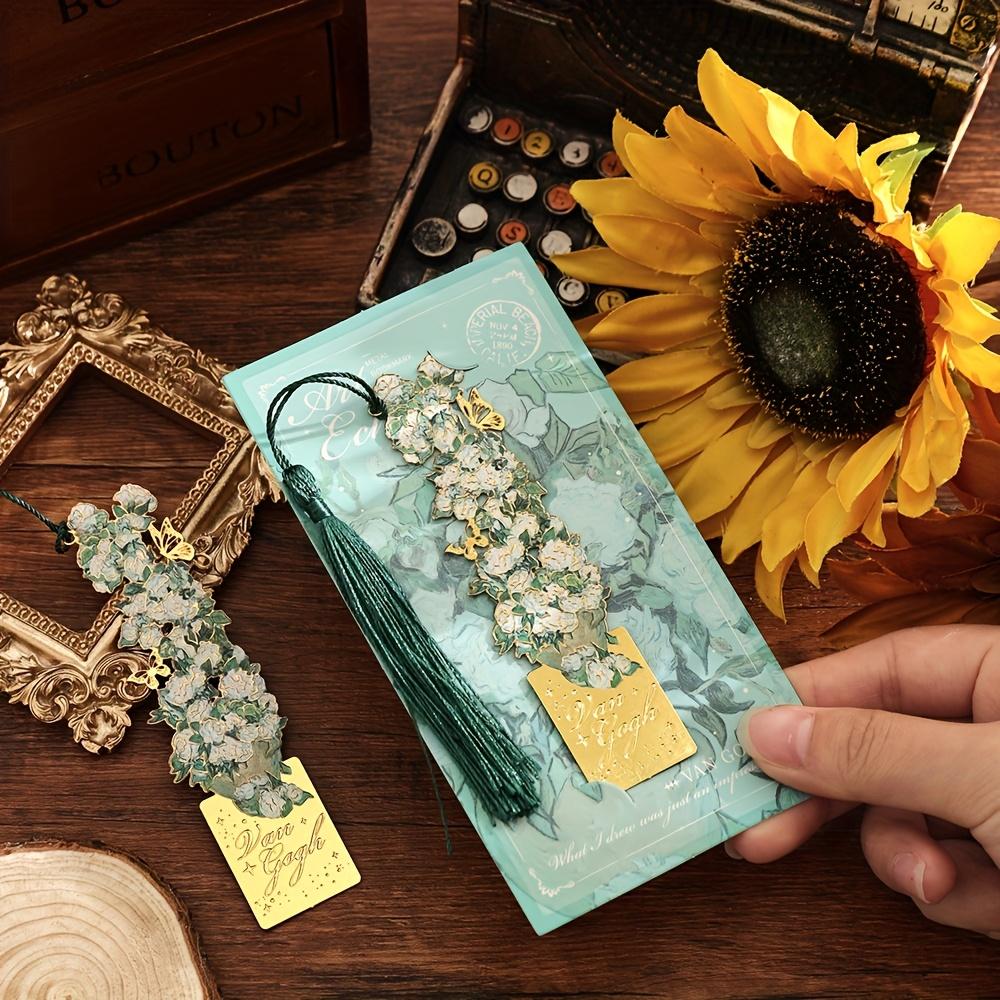 1pc Van Gogh Inspired Golden Hollow Metal Bookmark Artistic Oil Painting Design with Tassel, 8 Unique Window Shapes for Book Lovers