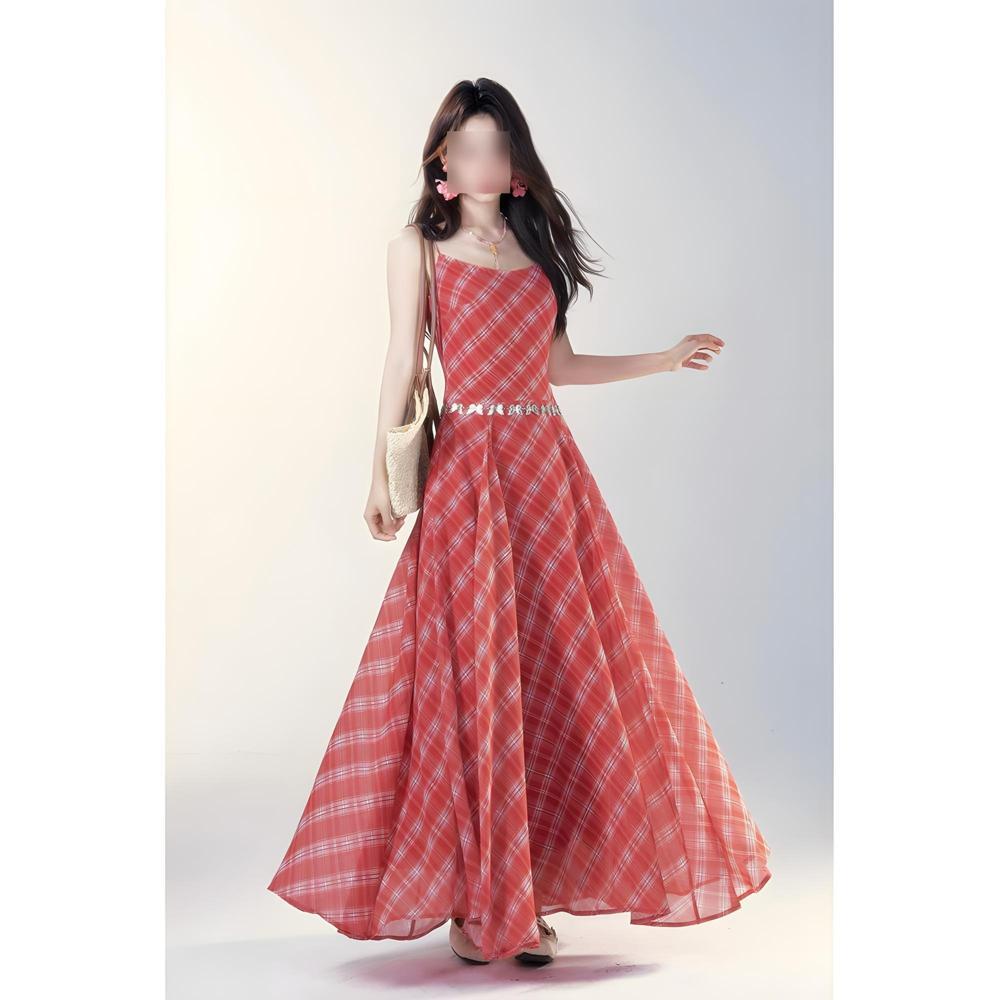 

Красное клетчатое платье на подтяжках женское летнее отпускное платье облегающая юбка талия а силуэт длинное платье XL- (recommended 110-60kg)