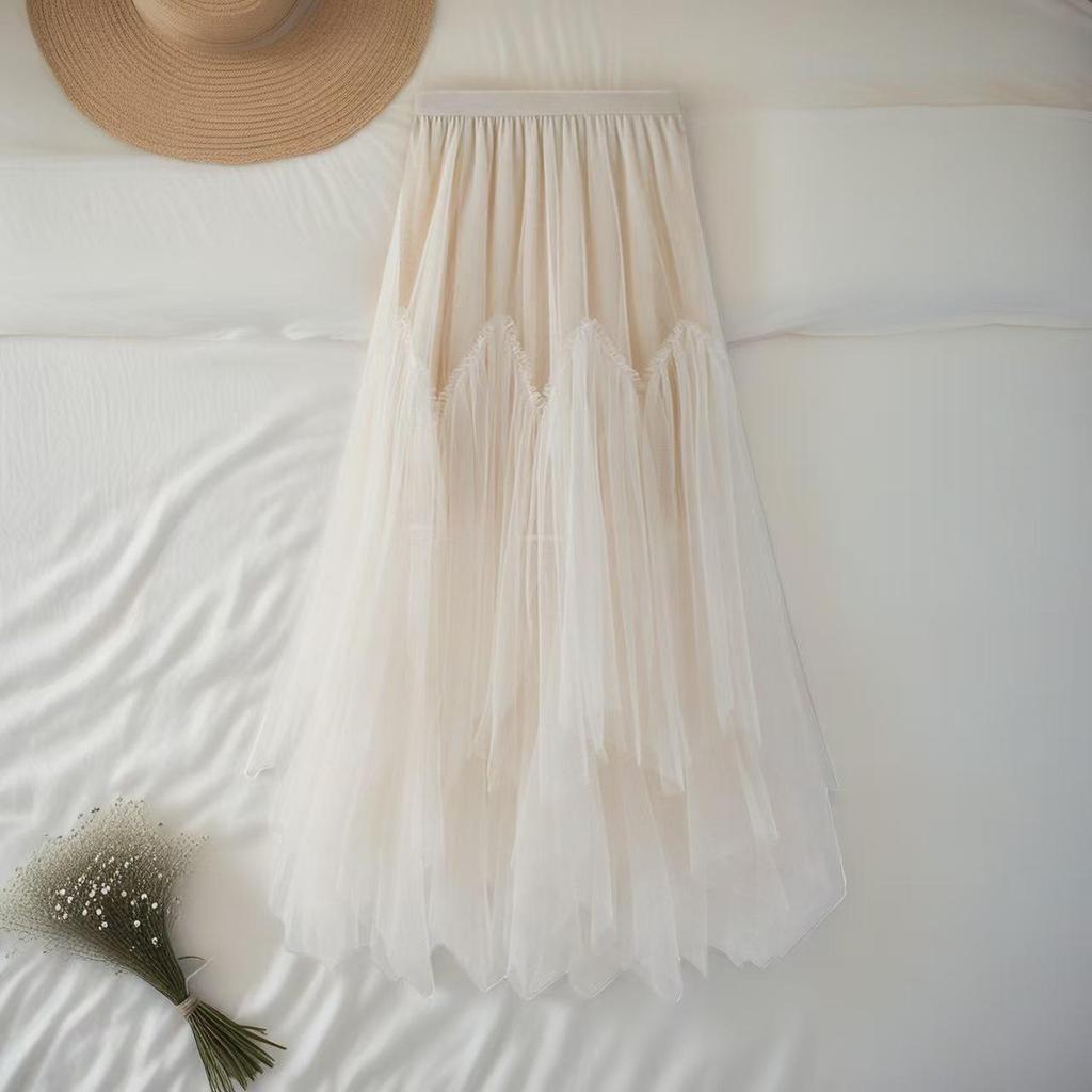 Women's High-Waisted A-Line Irregular Mesh Midi Skirt with Patchwork and Fluffy Hem for Spring/Summer
