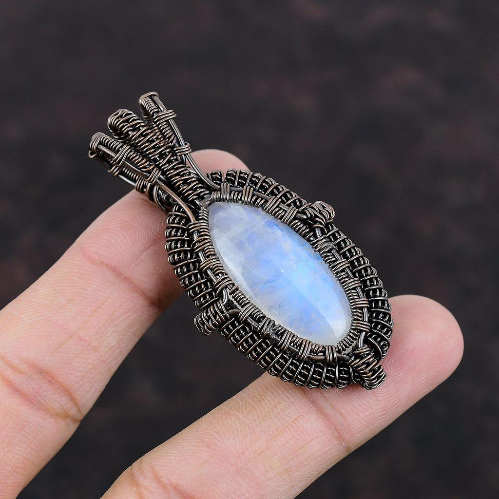 Colgante de piedra lunar arcoíris envuelto en alambre de cobre, joyería de piedras preciosas de alta calidad, colgante hecho a mano, increíble colgante de joyería de cobre para regalo
