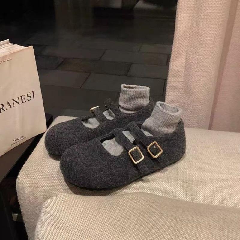 Retro zweireihige flache Mary Jane Schuhe aus Wolle für Damen 2 neue Herbst- und Winter-Mode vielseitige Plüschschuhe