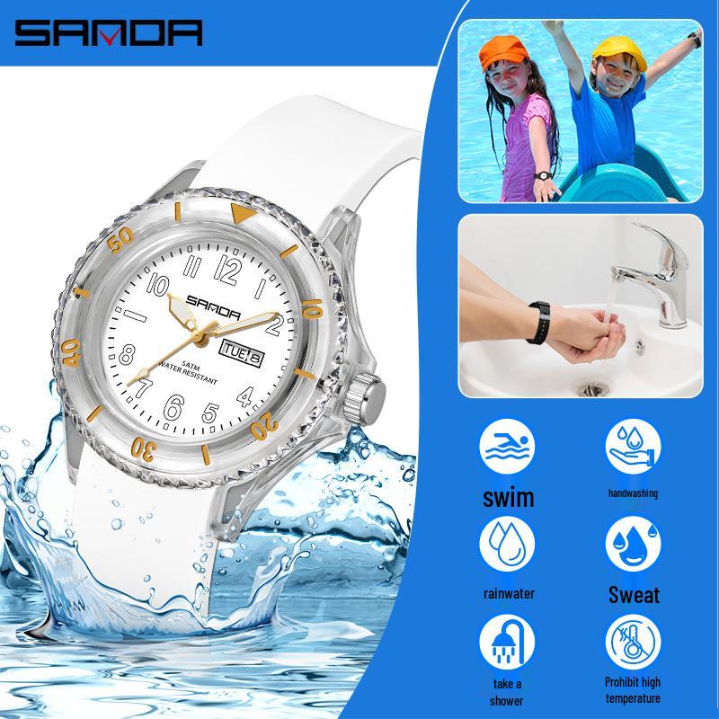 Sanda Student Sports Watch: Waterproof Quartz with Double Calendar, Transparent Case - Fashionable and Personalized for Kids.