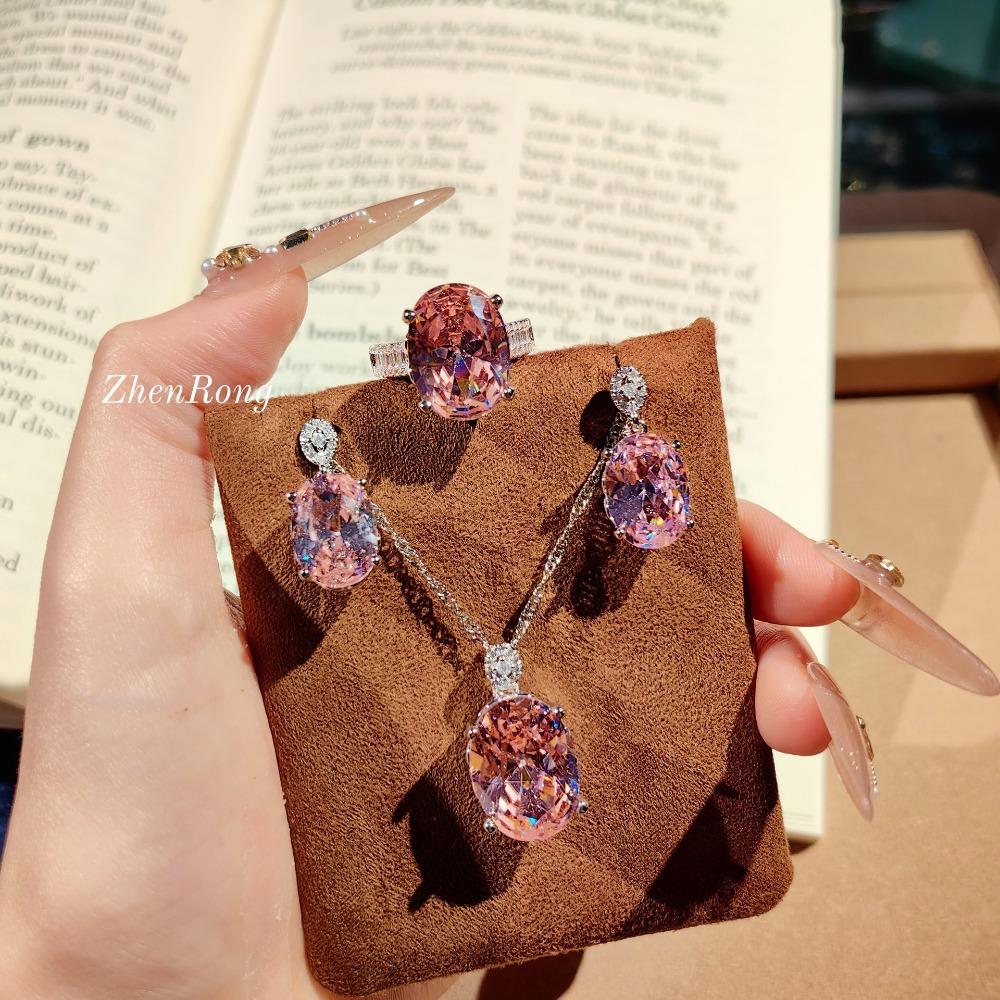 Elegant Women Jewelry Set with Royal Blue Simulated Stones Full Diamond Pendant Open Ring Pink Gem Earrings