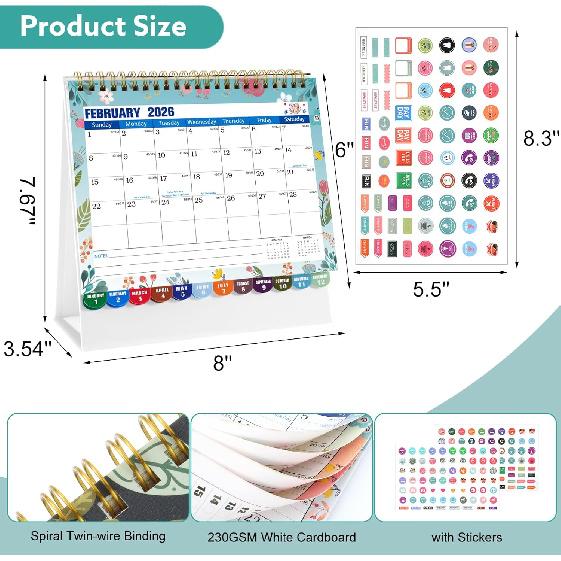 Mini Desk Calendar 2026-2027 with Stickers, 18 Months Standing Flip Small Desk Calendar 8" x 6" Runs from January Until July 2027 Mini Desktop