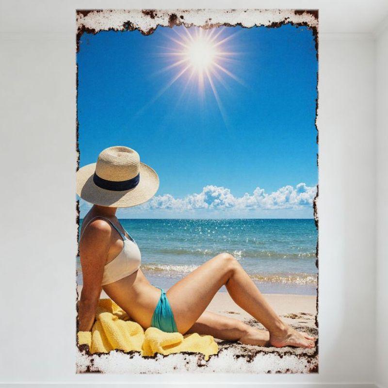 Sexy Woman In Bikini Beach Scene Vintage Tin Sign Rusty Border Metal Poster for Home Cafe Wall Decor, 8x12 Inch