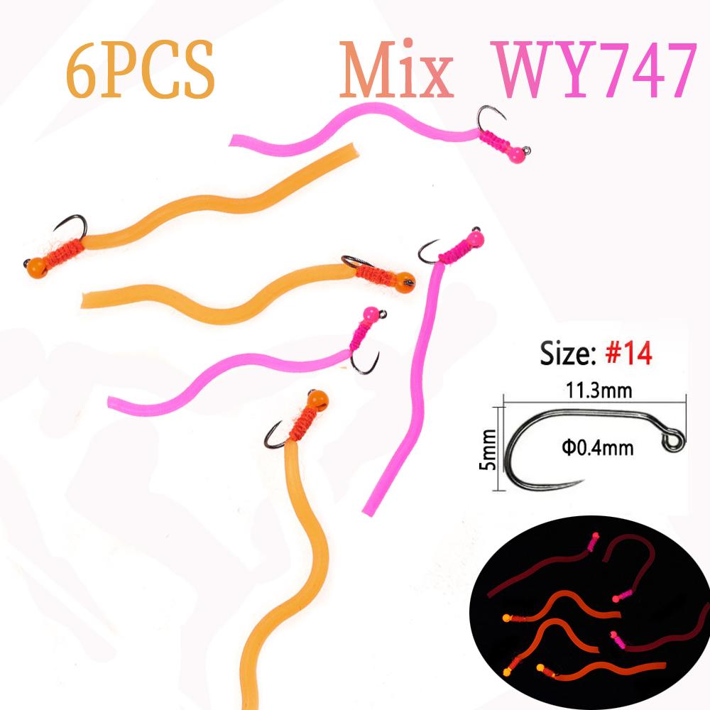 6PCS Tungsten Bead Head Squirmy Worm Jig Hook Fast Sinking Wet Fly San Juan Worm Euro Nymphs Trout Fishing Lure Bait