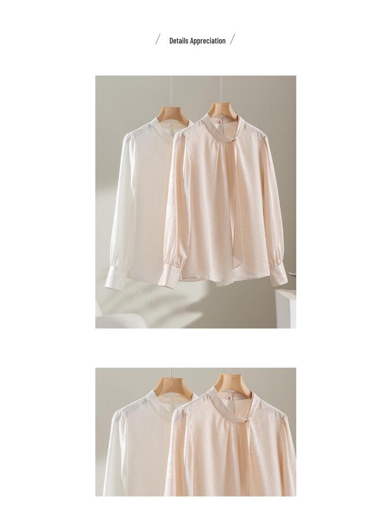 Camicia da donna a maniche lunghe in seta di gelso 19 momme, design a nastro jacquard, stile lusso leggero francese, nuovo arrivo Primavera/Estate.