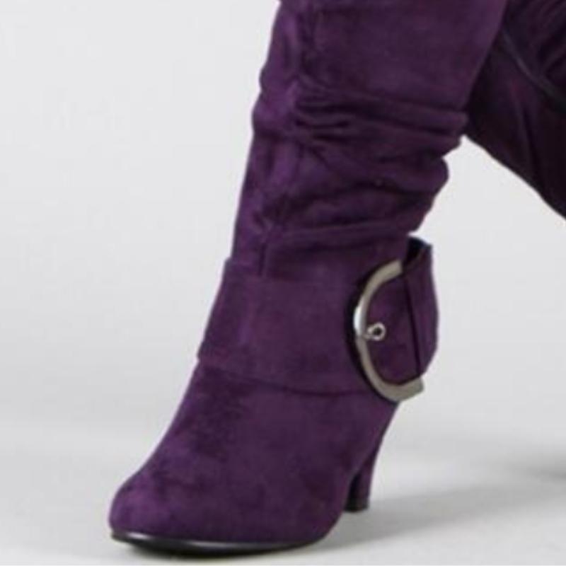 Autumn Winter Mid-calf Boots Women Fashion Grey Red Black Flock Boot Ladies Buckle High Heels Footwear Party Shoes for Girls