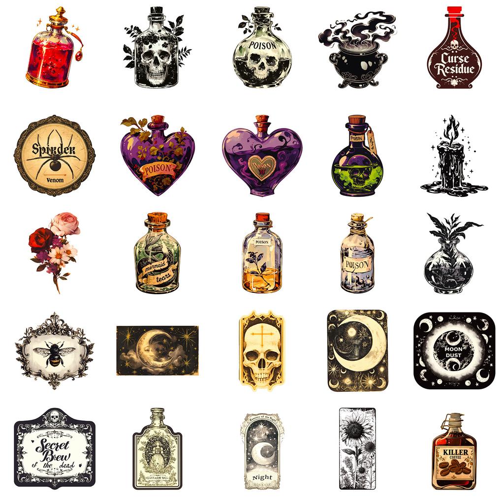 50PCS European Retro Gothic Apothecary Stickers, Creative Graffiti Decals for Laptop, Skateboard & Decoration