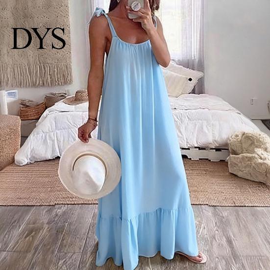 Loose Fit Summer Dress Women's Casual Tie Shoulder Sleeveless Square Fresh Natural Look Neck Maxi A-Line Ruffle Flowy Beach Sundress Spring