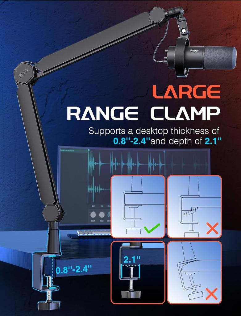 FIFINE Boom Arm Microphone Stand, Desktop Microphone Stand with Extension Pole, Telescoping and Folding, 360° Rotation, Adjustable Angle, 14" To 38"