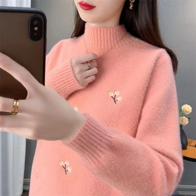 Autumn and Winter New Semi-turtleneck Thickened Mink Fleece Sweater Women's Loose Pullover Knitted Bottoming Top