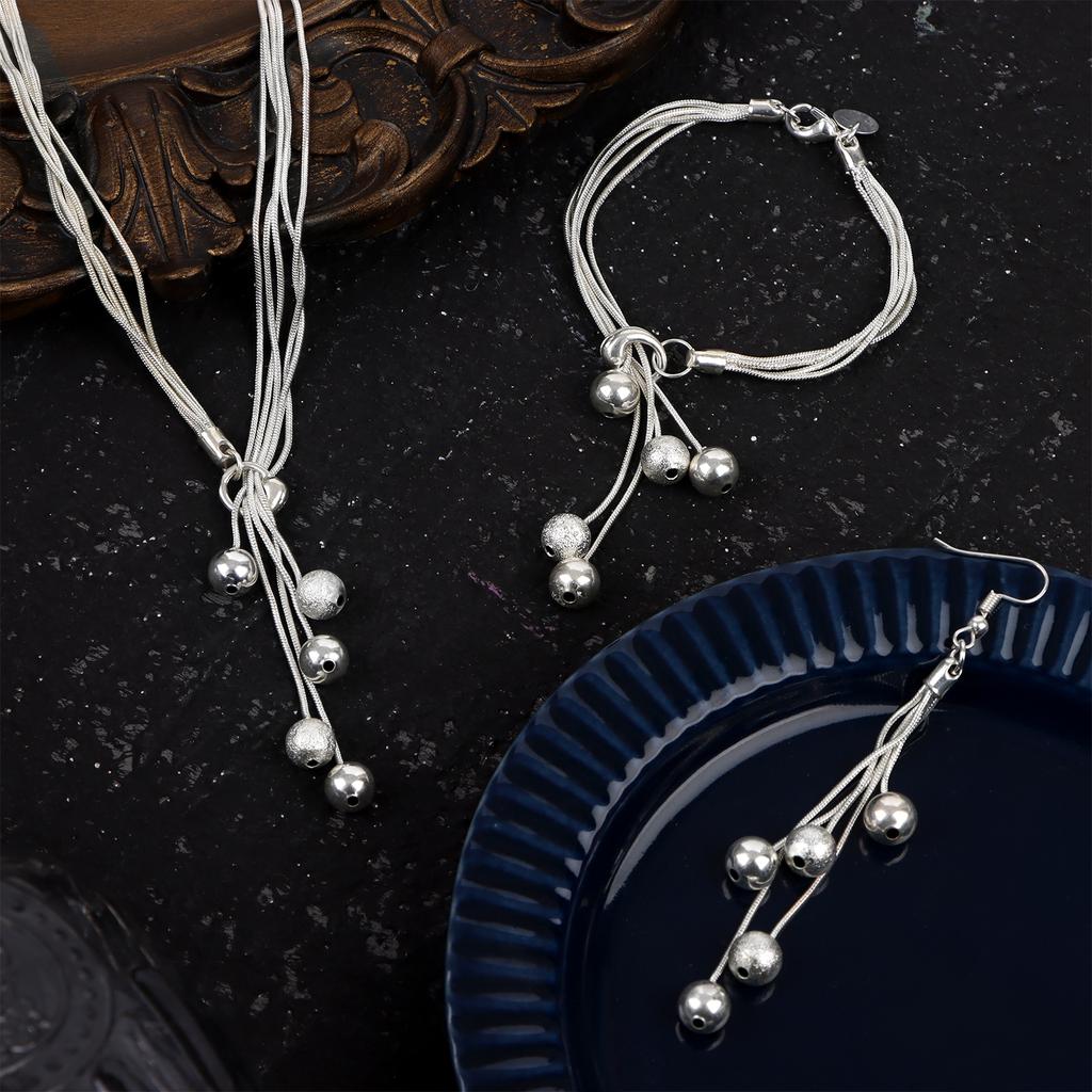 3 Pack Italian Silver Chain Necklace For Ladies, Long Five-Line Chain Frosted Smooth Beads Line Necklace Link Chain Bracelet Fro