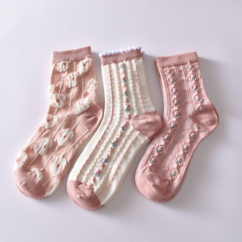5 Stück/weiße florale Mid-Tube-Socken für Damen, trendige japanische Pudernebelfarbe, Student Loli Spring, dünner Abschnitt, JK-Socken, Pink, Neu