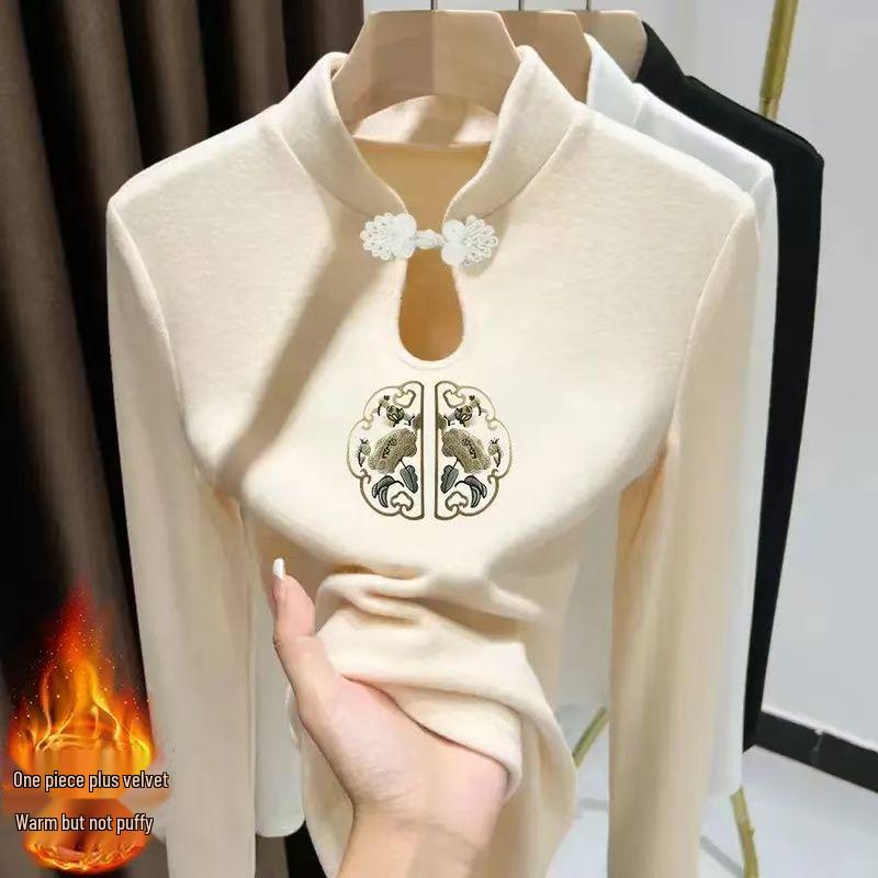 

Women s Warm Frog Button Stand Collar Long Sleeve T-shirt with Water Drop Print XL [115-130 Jin]