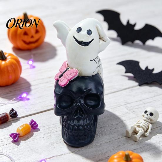 Halloween Tabletop Figures Gothic Skull Figurine, Spooky Ghost/Raven on Statue, Ornaments Resin Ornament for Desk, Mantel, Shelf Decor Small