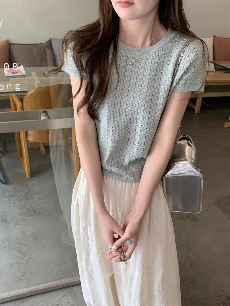 Korean Style Twist Hollow Knitted Short Sleeve Women's Spring/Summer 2025 Top