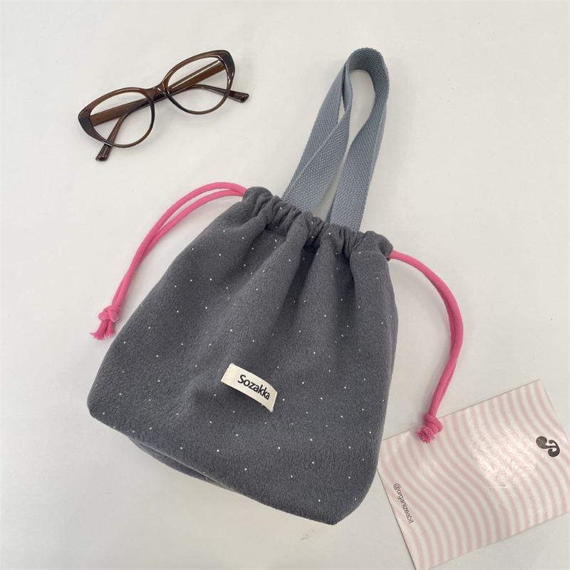 Woolen small polka dot drawstring bundle mouth bag portable small bag going out shopping sundries portable bento bag