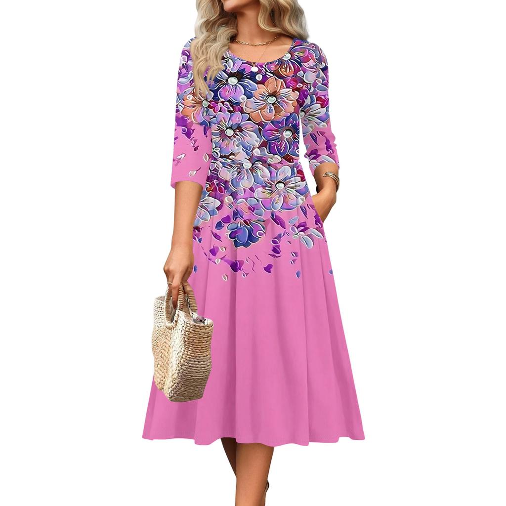 Rochie de damă cu mâneci 3/4, casual, fluidă, în A, midi, tip tricou, cu buzunare, cu gât rotund, pentru vacanță, boho, de plajă, de vară