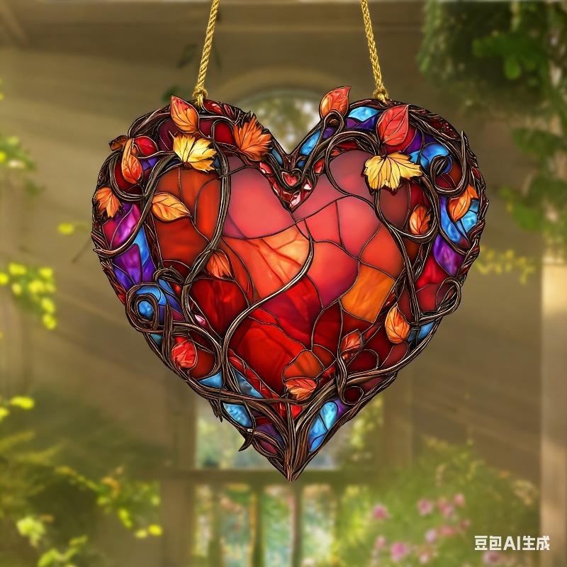 2D Flat Vibrant Acrylic Red Heart Decoration Sign, Stained Glass Style Design, Suitable for wall decoration, porch, room, villa, accents Home, Hallway
