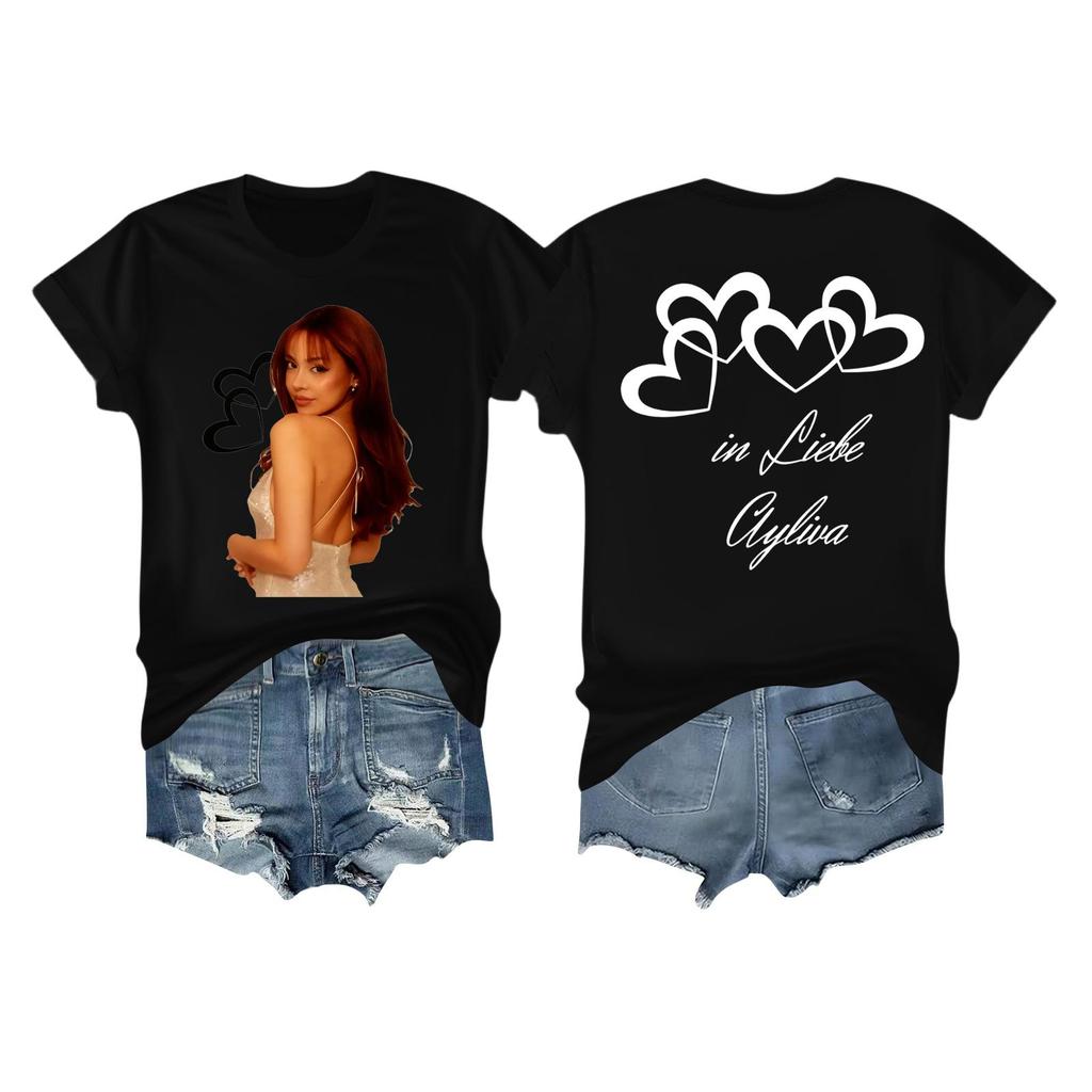 Damska casualowa koszulka z nadrukiem, z okrągłym dekoltem, wciągana, z krótkim rękawem