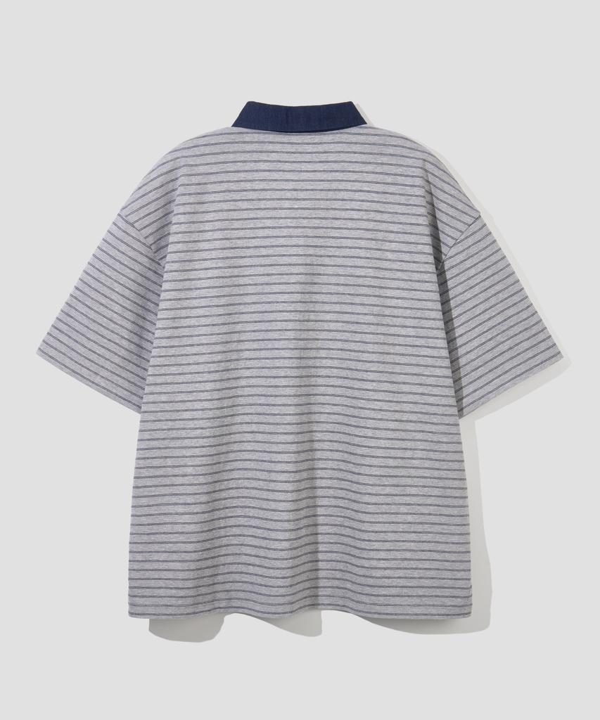 AGOD Contrast Denim Collar Stripe Half T-Shirt [Gray]